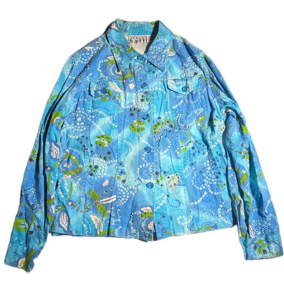 Vintage Jackets & Blazers - Vtg 1990s Keren Hart Blue Green Floral Print Beaded Button Up Cotton Jacket M